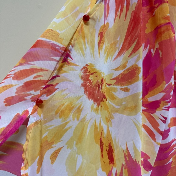 Susan Graver Sheer Flowy Floral Tunic Top with Bateau Neck, Pink / Orange Size S - Picture 3 of 6